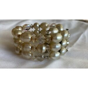 Vintage Pearl Or Faux Pearl & Glass Multi Strand Bead Cuff Bracelet 8"